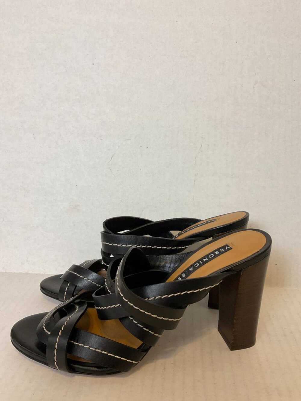 Veronica Beard Black Leather Strappy Block Heel Sandals